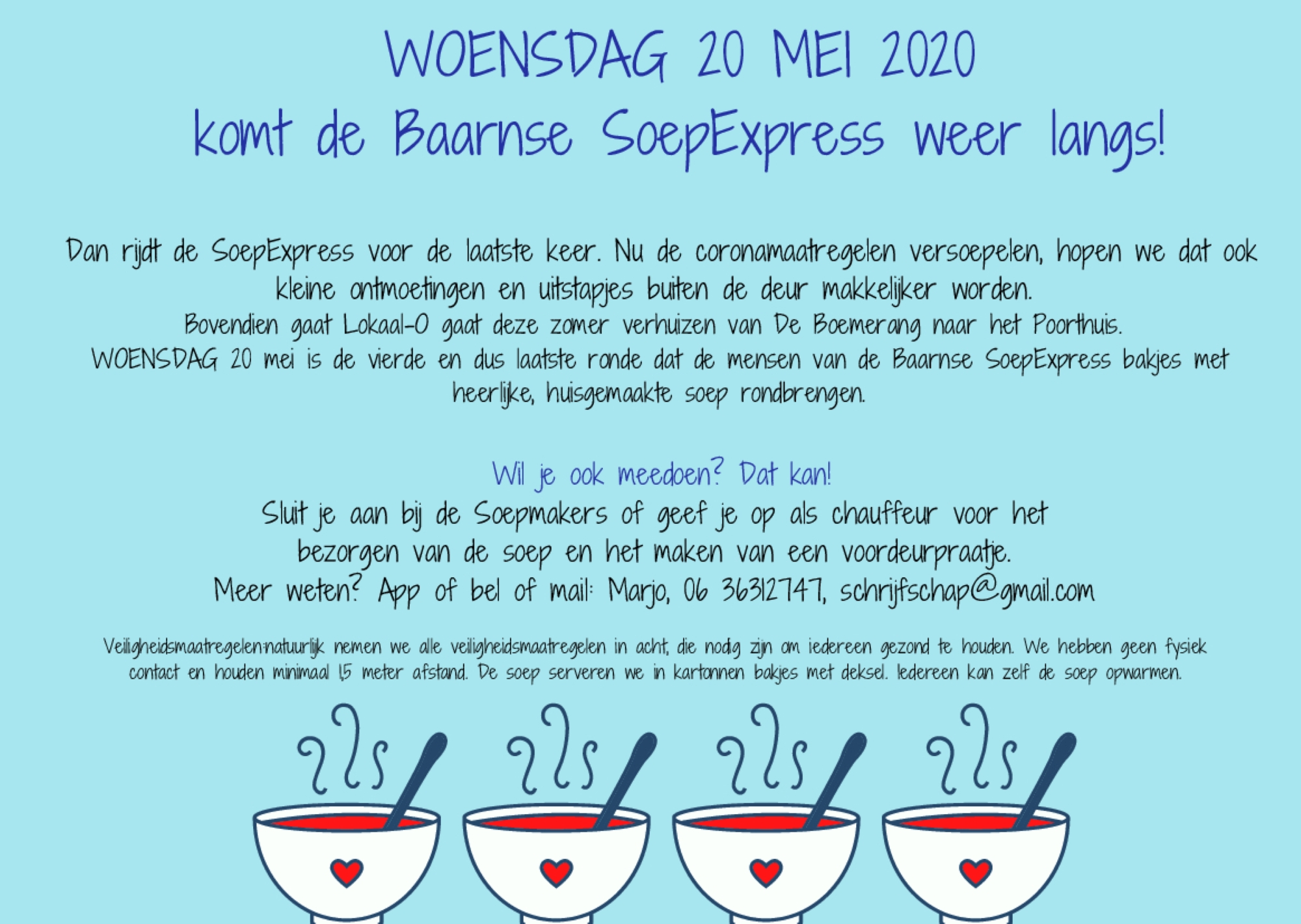 Lees meer over het artikel WOENSDAG 20 mei komt de Baarnse SoepExpress weer langs!