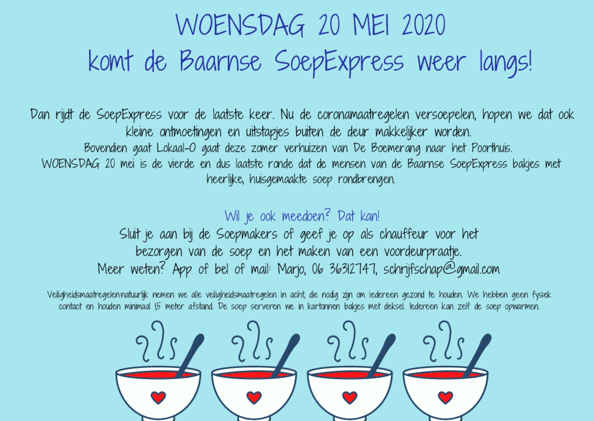 Je bekijkt nu WOENSDAG 20 mei komt de Baarnse SoepExpress weer langs!