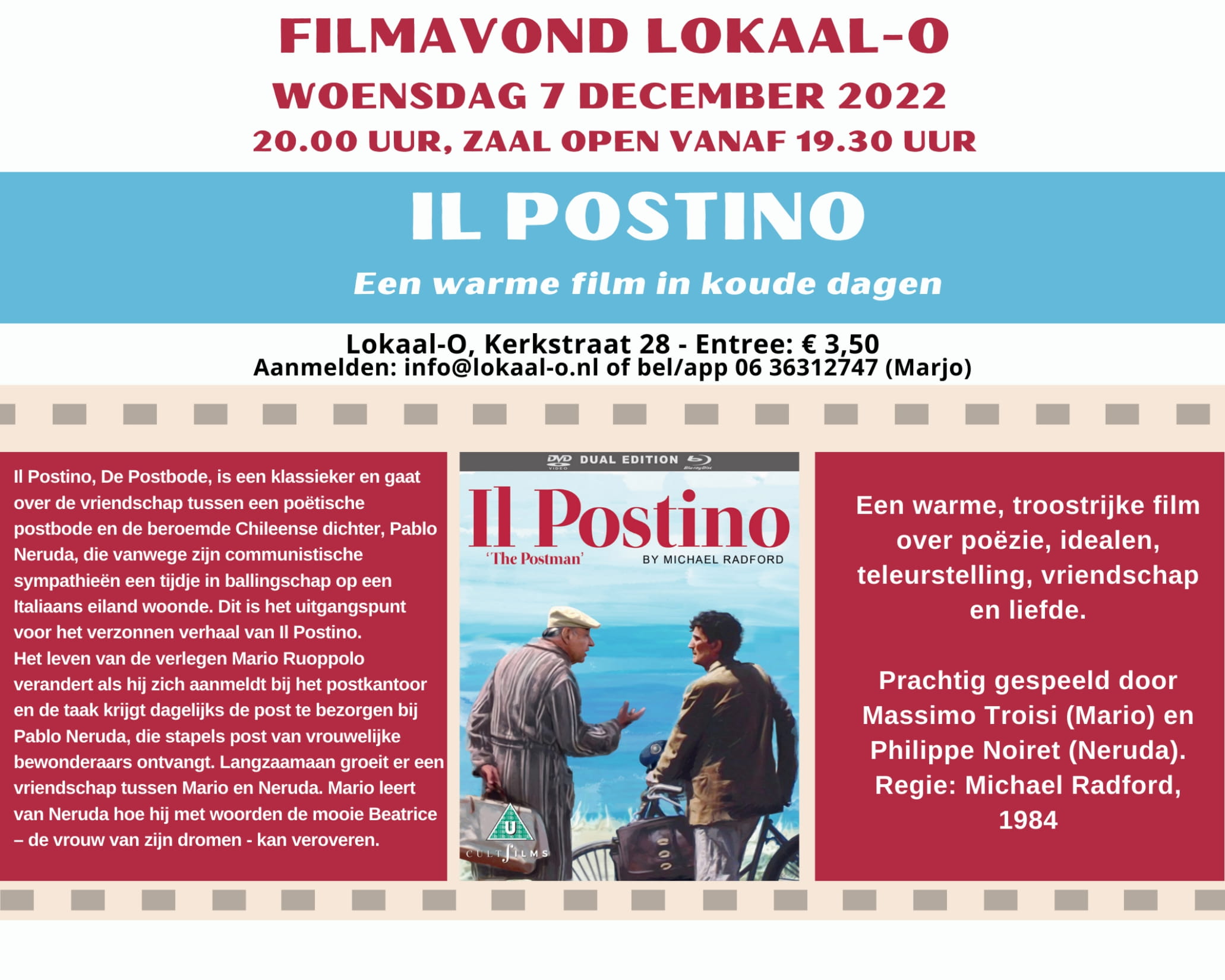 Je bekijkt nu Filmavond op 7 december: “Il postino”, een warme film in koude dagen