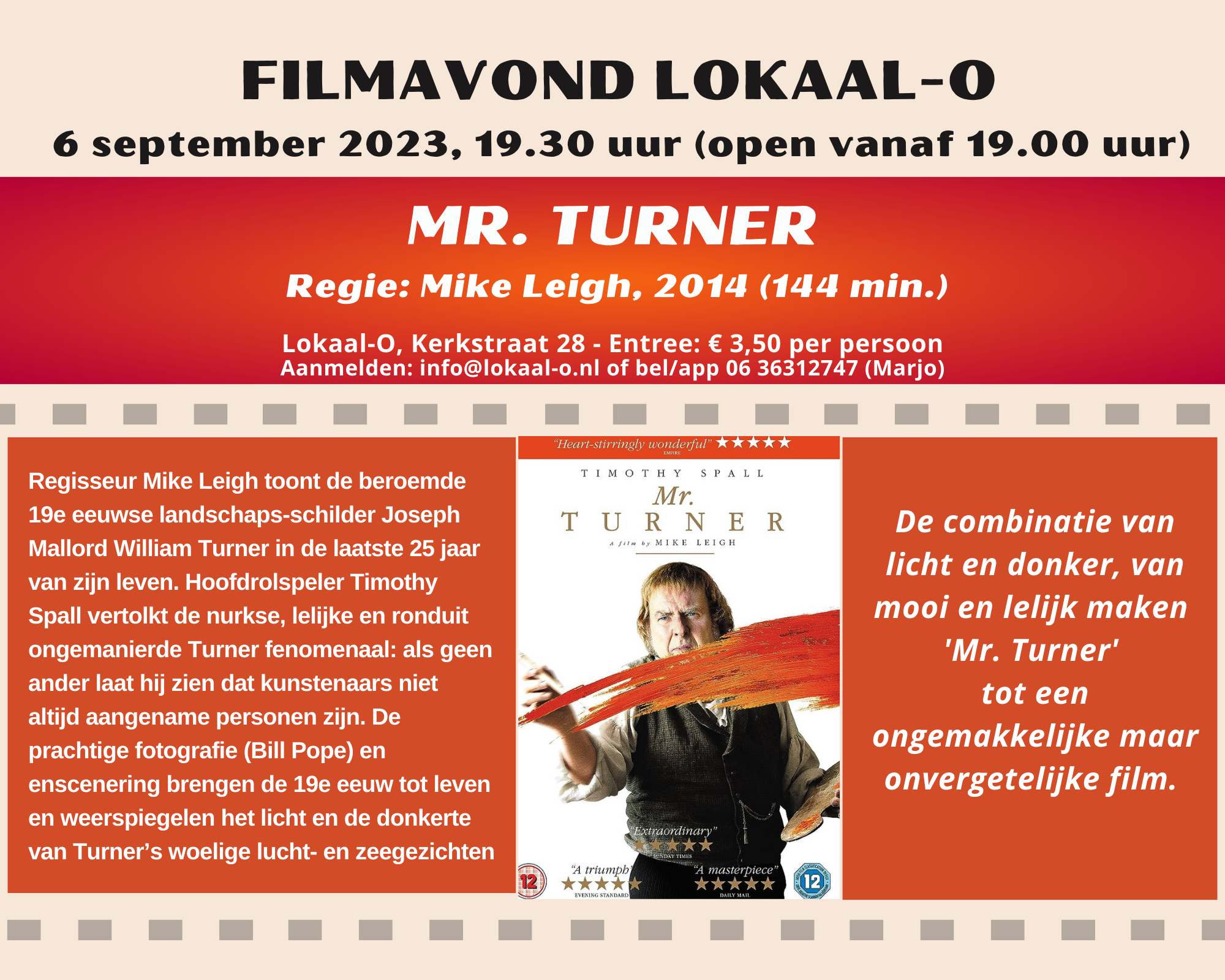 Je bekijkt nu Filmavond in Lokaal-O op 6 september: “Mr. Turner”